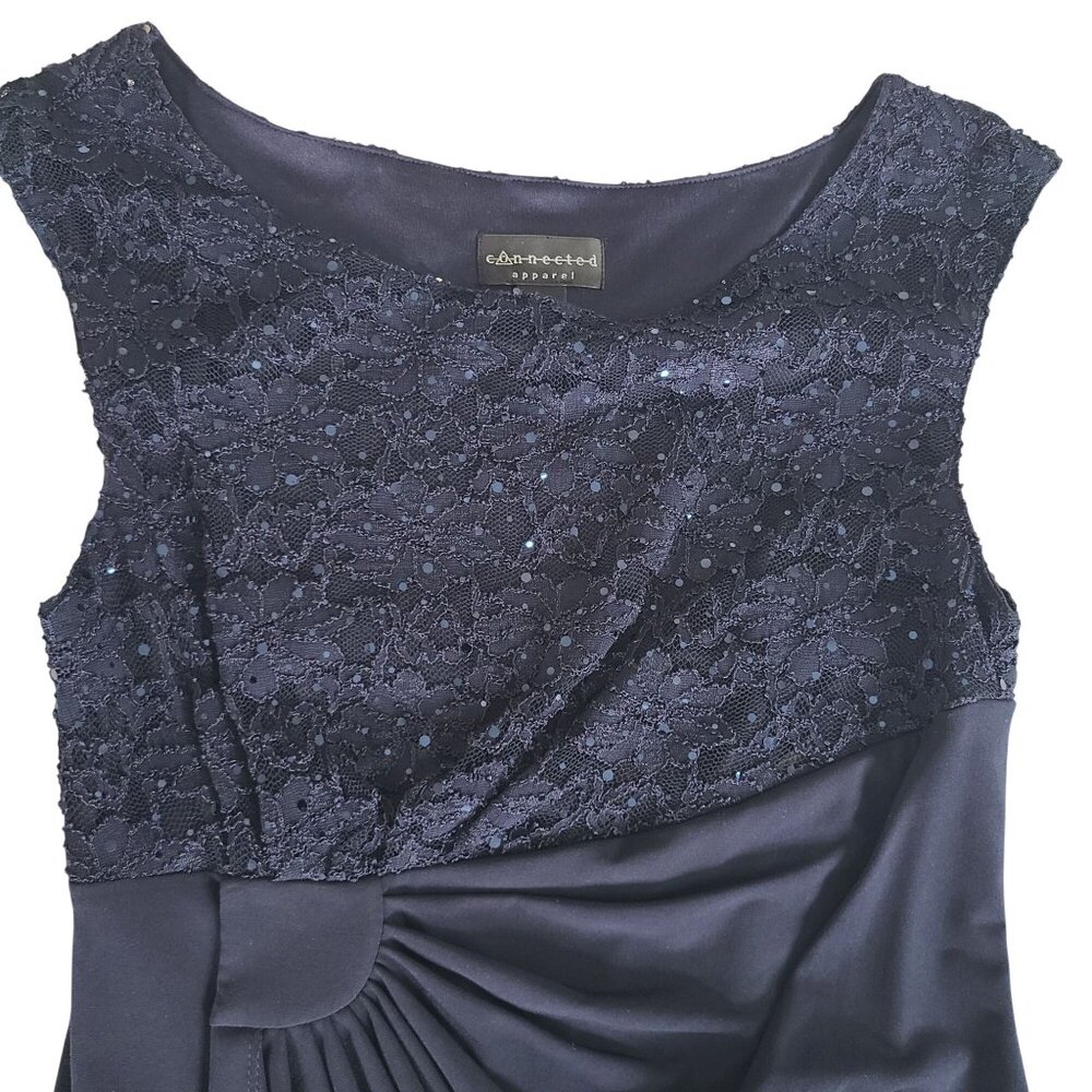 Navy Sequence Eyelash Faux Wrap Cocktail Dress Lace Bodice Sheath Dress Size 10P - Picture 3 of 9